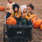 woman in black and white striped long sleeve shirt sitting on black plastic container with pumpkins